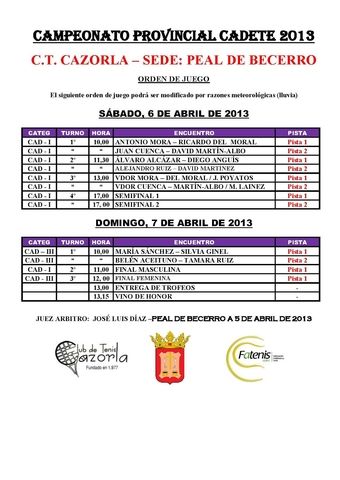 ORDEN DE JUEGO CADETE CAZORLA