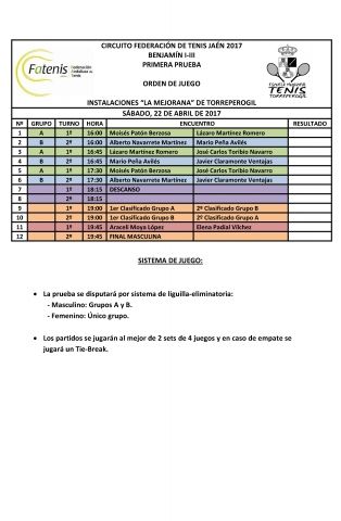 HORARIO I PRUEBA CIRCUITO PROVINCIAL BENJAMIN