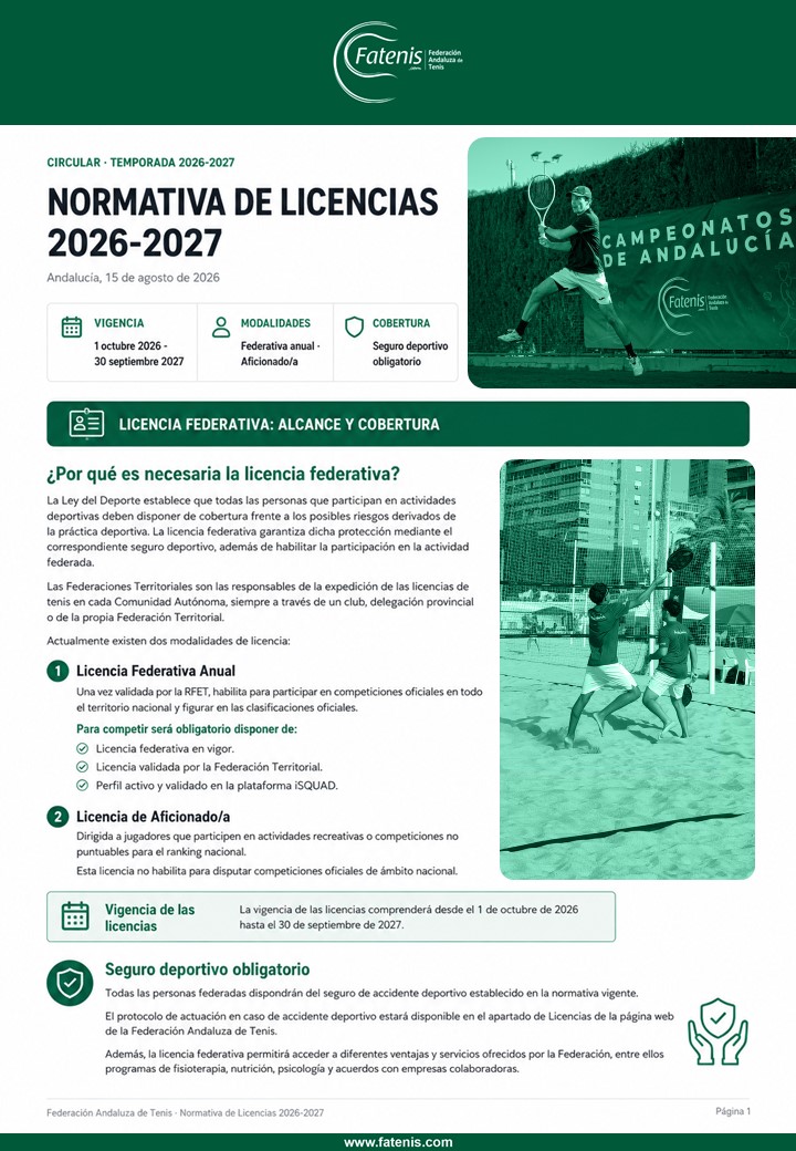 Normativa de Licencias 2026-2027 | Federación Andaluza de Tenis